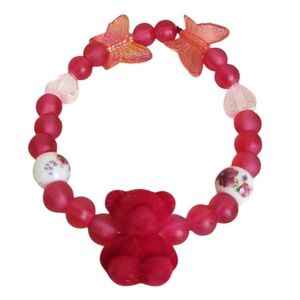 Red Flocked Bear Resin Velvet Beads Floral Peony Ceramic Acrylic Bracelet